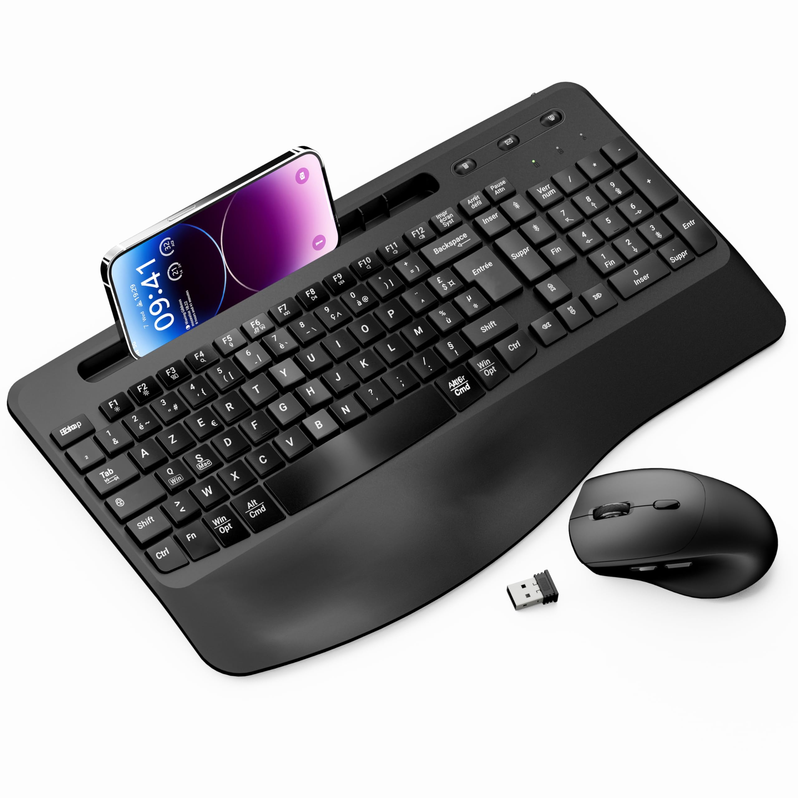 Moojay 2.4G Wireless Keyboard and Mouse Set - Ergonomic Rechargeable Silent Keyboard with Wrist Rest, Full Size Mouse for PC, Mac, Windows - Perfect for Office, Gaming & Home Use (Black)