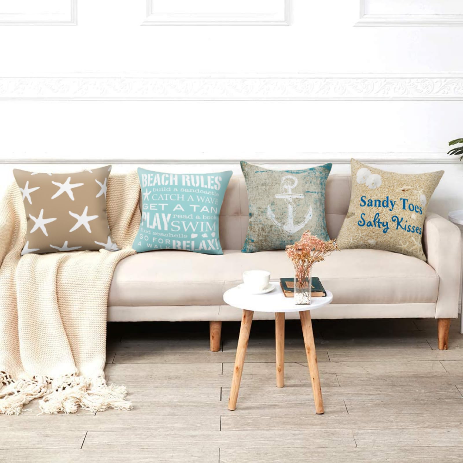 GALMAXS7 Set of 4 Coastal Pillow Covers 16x16 Inches - Beach Starfish & Nautical Anchor Decorative Cushion Covers for Sofa, Bedroom, Living Room | Perfect for Coastal Decor, Beach House & Nautical Theme Rooms