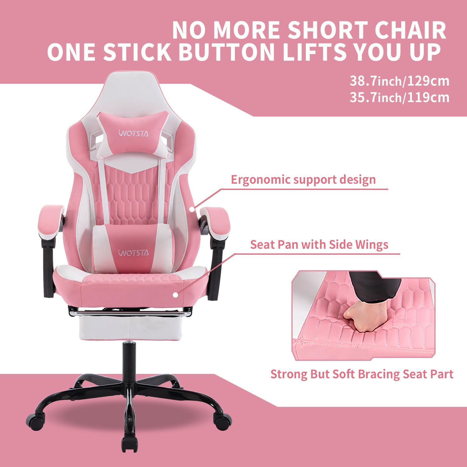 Ergonomic High Back Gaming Chair with Footrest & Adjustable Headrest - Racing Style PVC Leather Gamer Chair with Lumbar Support for Office & Home Use - Perfect for Long Gaming Sessions & Work Comfort (Pink)