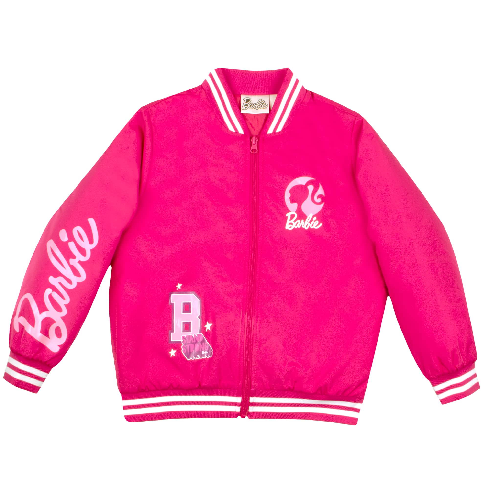Barbie Girls Bomber Jacket - Pink Zip Up Varsity Jacket for Girls | Trendy Outerwear for School, Playdates & Birthday Parties | Girl Power Fashion for Everyday Wear