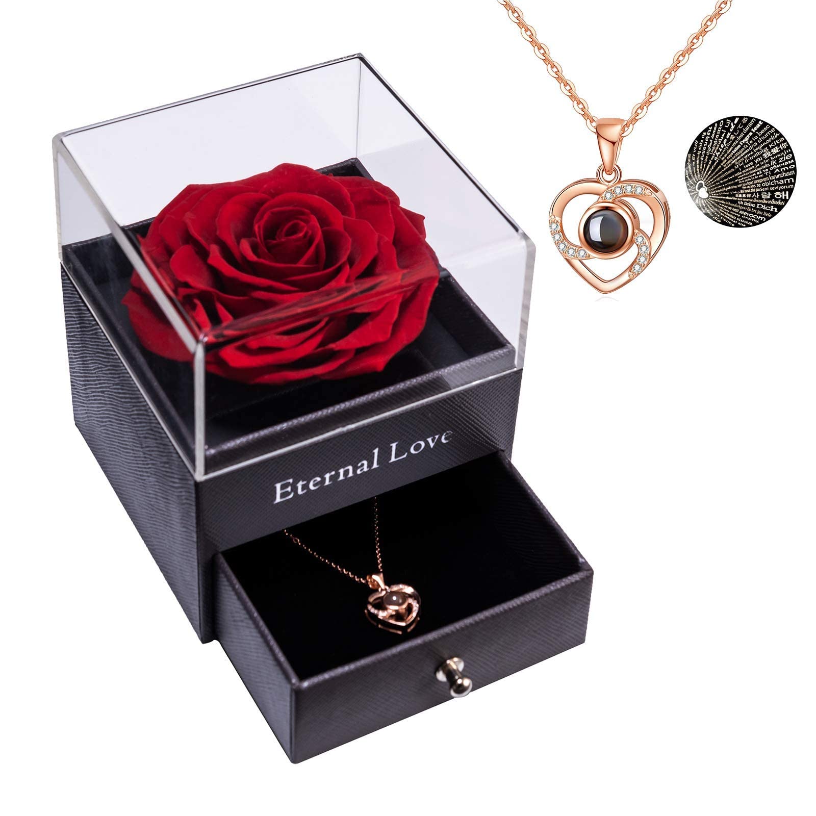 Yamonic Mother's Day Gift - Eternal Love Real Preserved Rose Necklace with 'I Love You' in 100 Languages - Unique Birthday Present for Mom, Wife, Women - Perfect for Anniversaries, Valentine's Day & Special Occasions