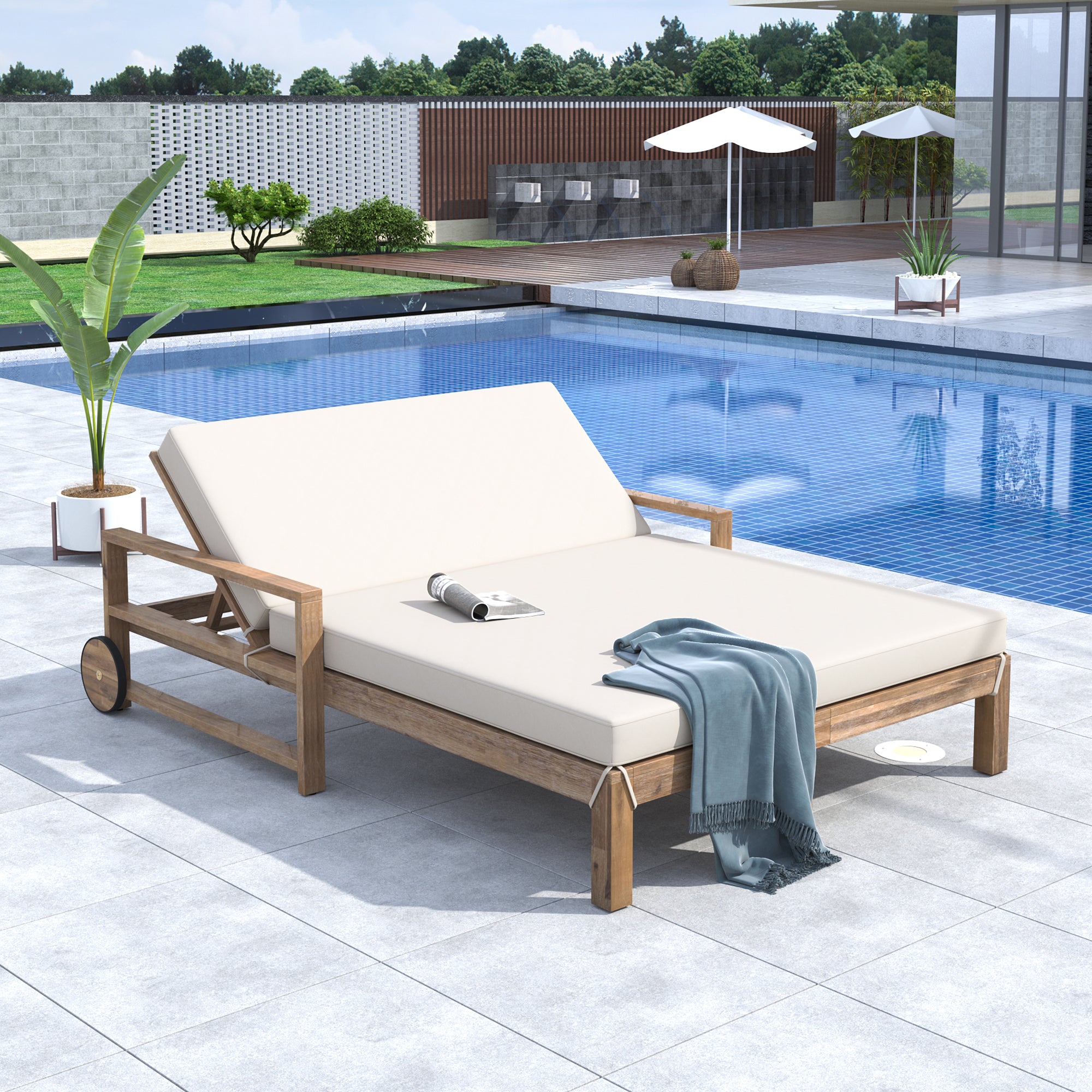 Farmhouse Style Wooden Outdoor Sunbed - 2 Person Daybed for Poolside, Garden & Backyard Relaxation | Weather-Resistant Beige Finish | Perfect for Lounging, Sunbathing & Outdoor Entertaining