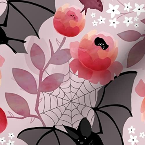 Pastel Bat Floral Pink Black Flowers Printed Minky Fabric - Soft Plush Fat Quarter for Sewing Baby Blankets, Quilt Backing & DIY Crafts - Nature Rose Gothic Design for Nursery Decor & Home Projects