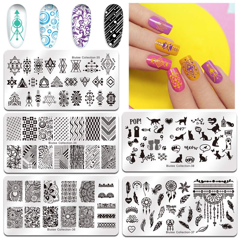 Biutee Professional Nail Stamp Kit - 8 Colors Gel Stamping Polish, 5 Nail Stamp Plates, Stamper & Scraper - Salon Quality Manicure Tools for DIY Nail Art at Home or Professional Use