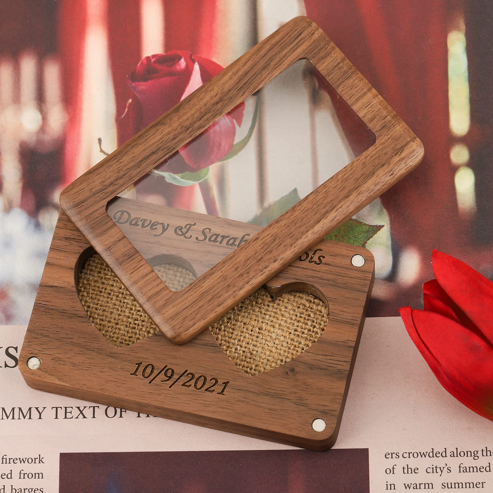 Personalized Double Heart Wooden Ring Box - Custom Engraved Engagement & Wedding Ring Holder - Rustic Proposal Ring Bearer Box for Couples - Perfect for Romantic Proposals, Anniversaries & Gift Giving