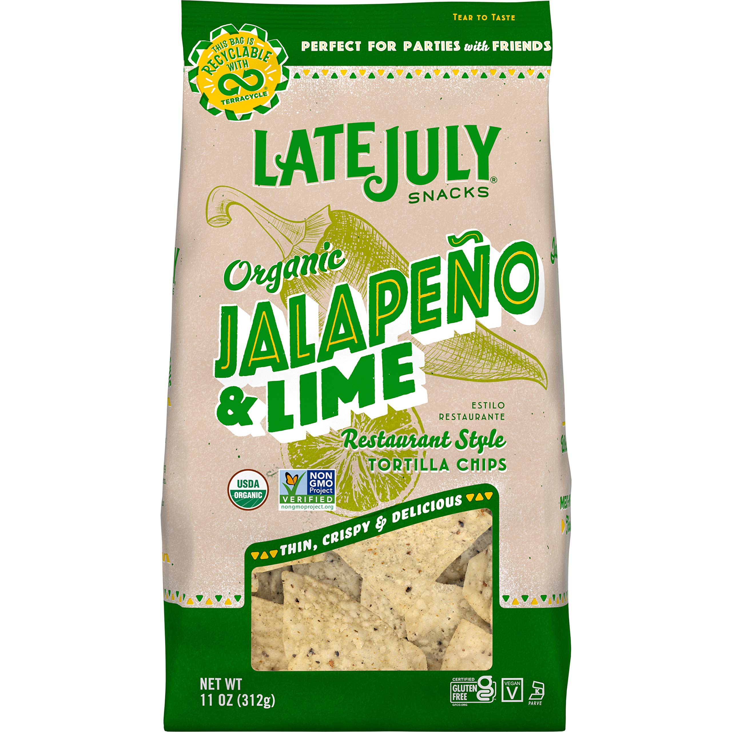 Late July Snacks Restaurant Style Jalapeno & Lime Tortilla Chips - 11 Oz. Bag (Pack of 9) | Gluten Free, Non-GMO, Organic Corn Chips | Perfect for Parties, Snacking & Mexican Food Pairing