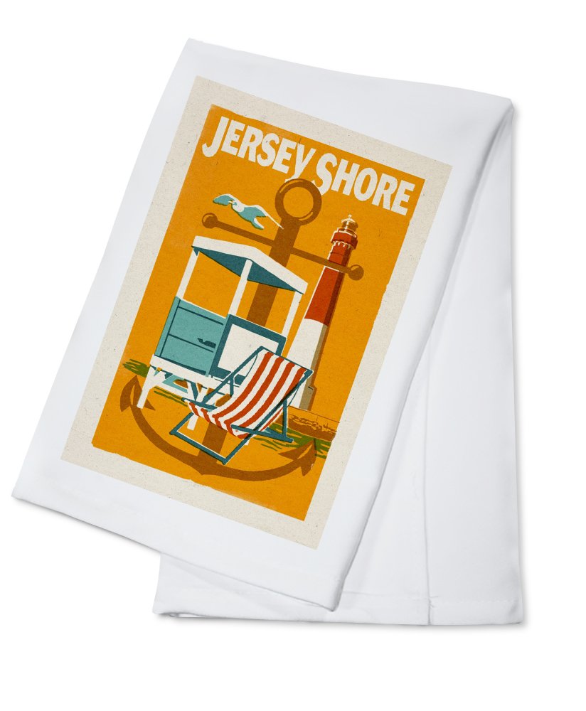 Jersey Shore Woodblock Print 100% Cotton Tea Towel - Decorative Hand Towel for Kitchen & Home - Perfect for Dish Drying, Decor, and Gift Giving