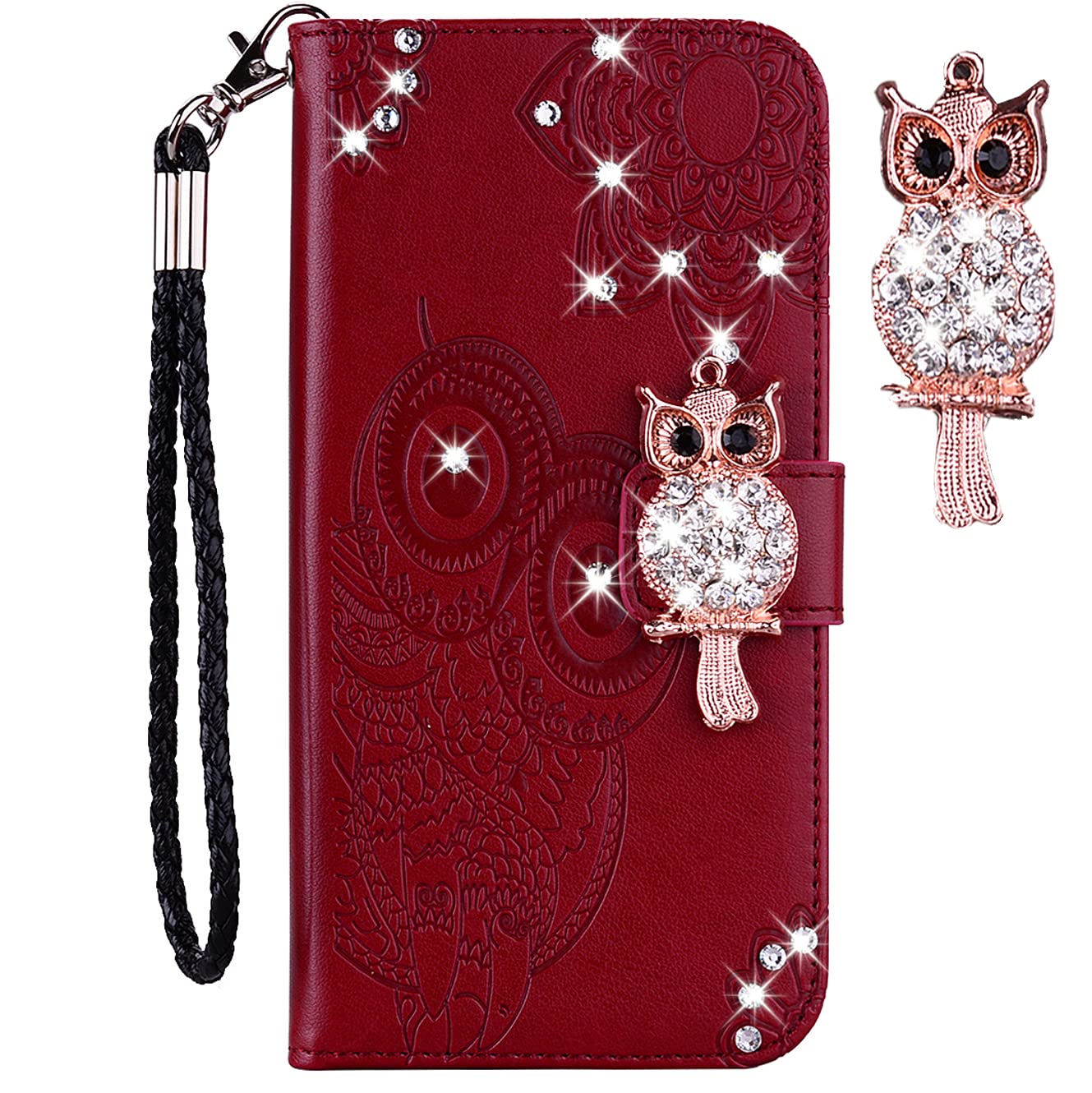 Samsung Galaxy A02S Case for Women - Glitter Bling Diamond PU Leather Wallet Flip Cover with Wrist Strap | Shockproof Protective Phone Case | Owl Red Design | Perfect for Daily Use, Work & Travel