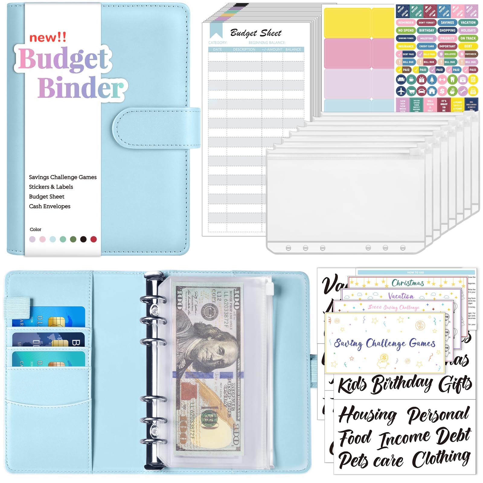 Sooez Money Saving Binder with Cash Envelopes - Budget Planner with Expense Sheets, Challenge Tracker & Category Labels - Savings Challenges Book for Home, Office & School - Perfect for Financial Planning, Debt Payoff & Personal Finance Organization