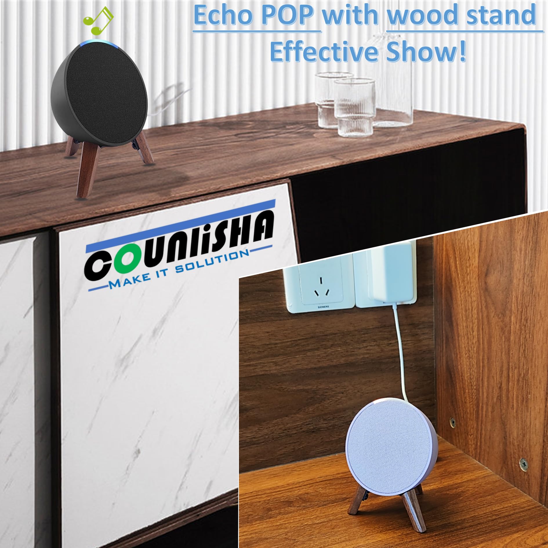 Premium Walnut Wood Stand for Echo Pop Speaker (2023 Model) - Tripod Accessories Holder for Enhanced Audio Quality | Secure & Sturdy Table Mount for Alexa Pop | Perfect for Home, Office & Kitchen Use