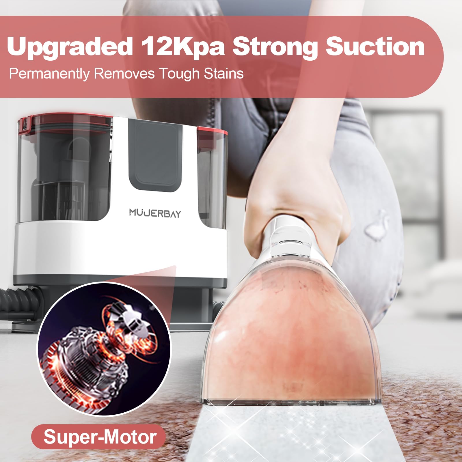 MUJERBAY® 12KPa Portable Carpet Cleaner | Powerful Spot & Stain Remover for Couch, Stairs, Car Upholstery & Pet Messes | 1.18
