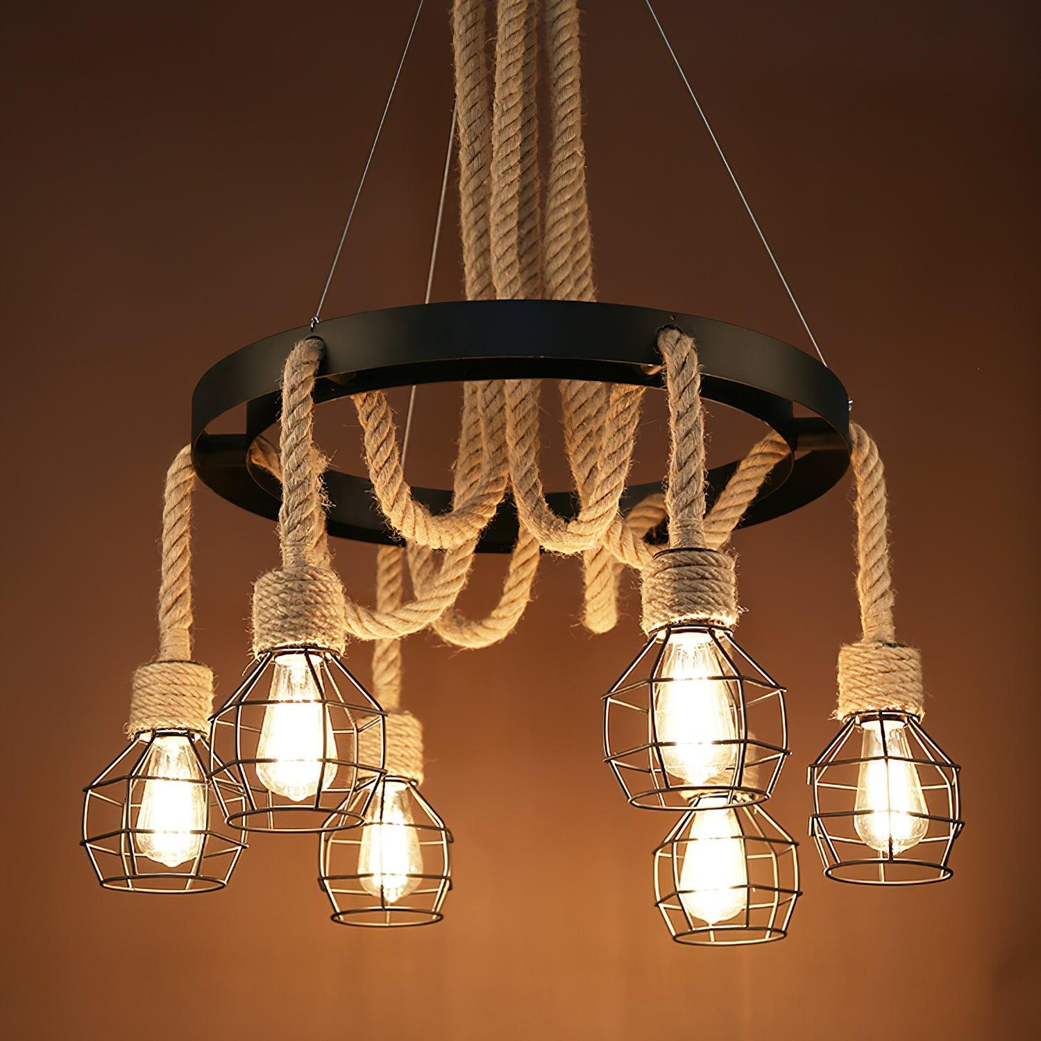 Premium Hemp Rope Industrial Starfall Chandelier - Handmade Boho Ceiling Light Fixture for Farmhouse, Loft & Restaurant Decor