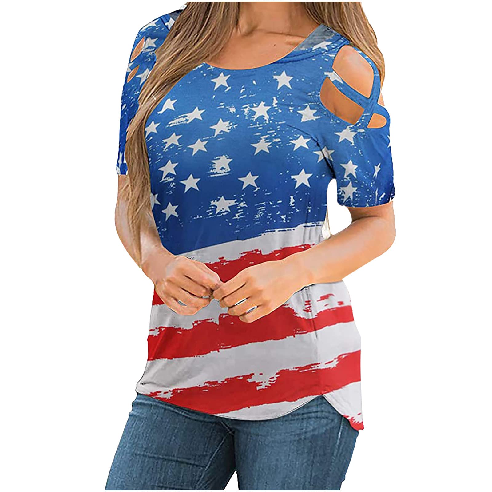 Women's Summer Crewneck Short Sleeve T-Shirt - Casual Loose Fit Blouse with Strappy Shoulder Design | Perfect for Beach, Vacation & Everyday Wear