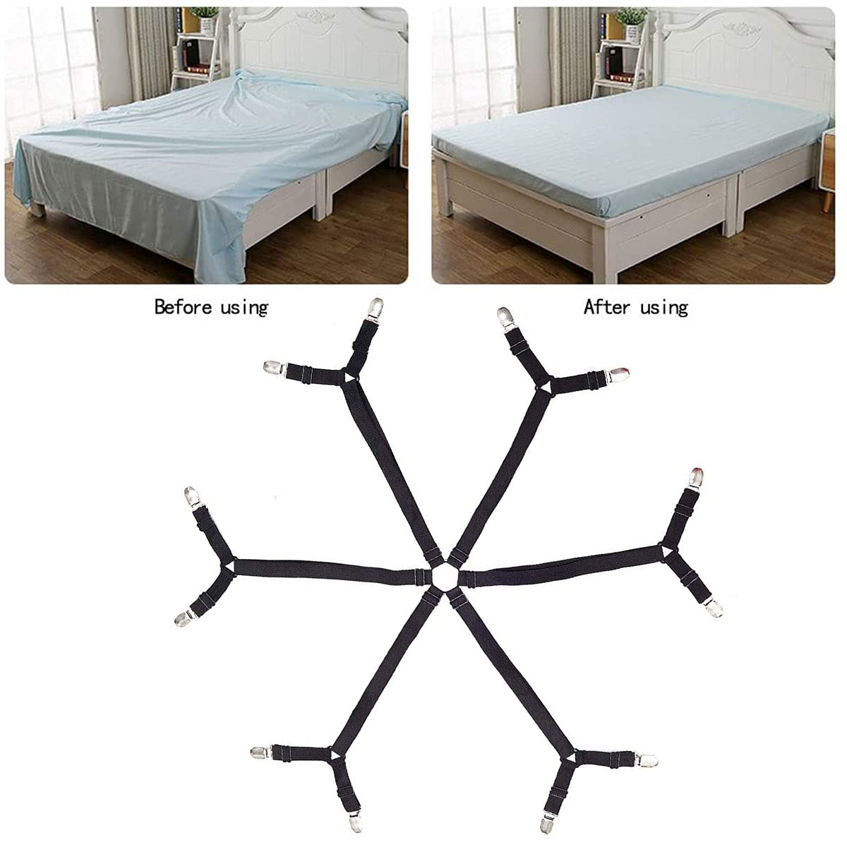 Adjustable Elastic Bed Sheet Straps - Queen/King Size, 2 Pack (Black) for Secure Fit on Round & Square Mattresses