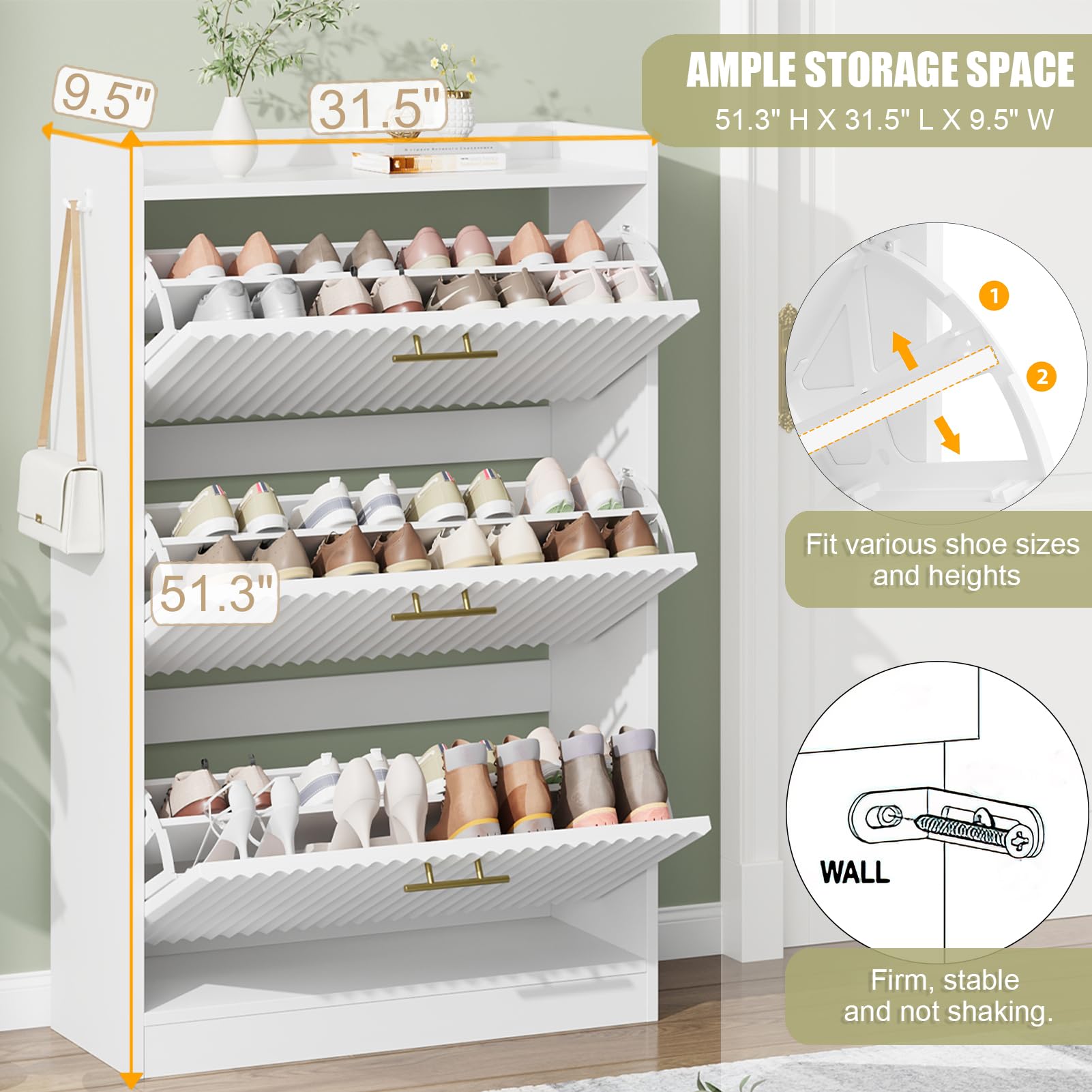 Modern Fluted Shoe Storage Cabinet with 3 Flip Drawers - Large Free Standing Shoe Organizer for Entryway, Foyer & Hallway - Hidden Shoe Rack for Home Organization (White) | Perfect for Small Spaces & Clutter-Free Living