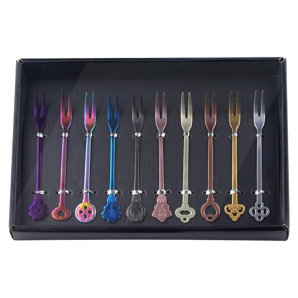 Buyer Star 10-Pack Colorful Stainless Steel Fruit Forks Set - Appetizer Dessert Forks for Party, Banquet & Cocktail | Perfect for Fruit Platters, Cheese Boards, Wedding Receptions & Picnics