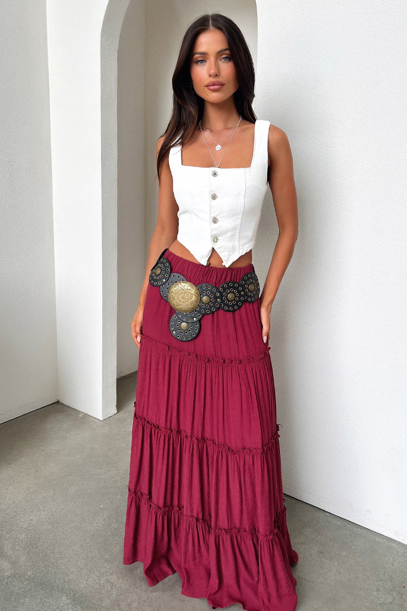 Dunne Maxi Skirt for Women - Burgundy Red Long Flowy Skirt with Elastic Waistband | Perfect for Casual Wear, Beach Vacations & Boho Outfits