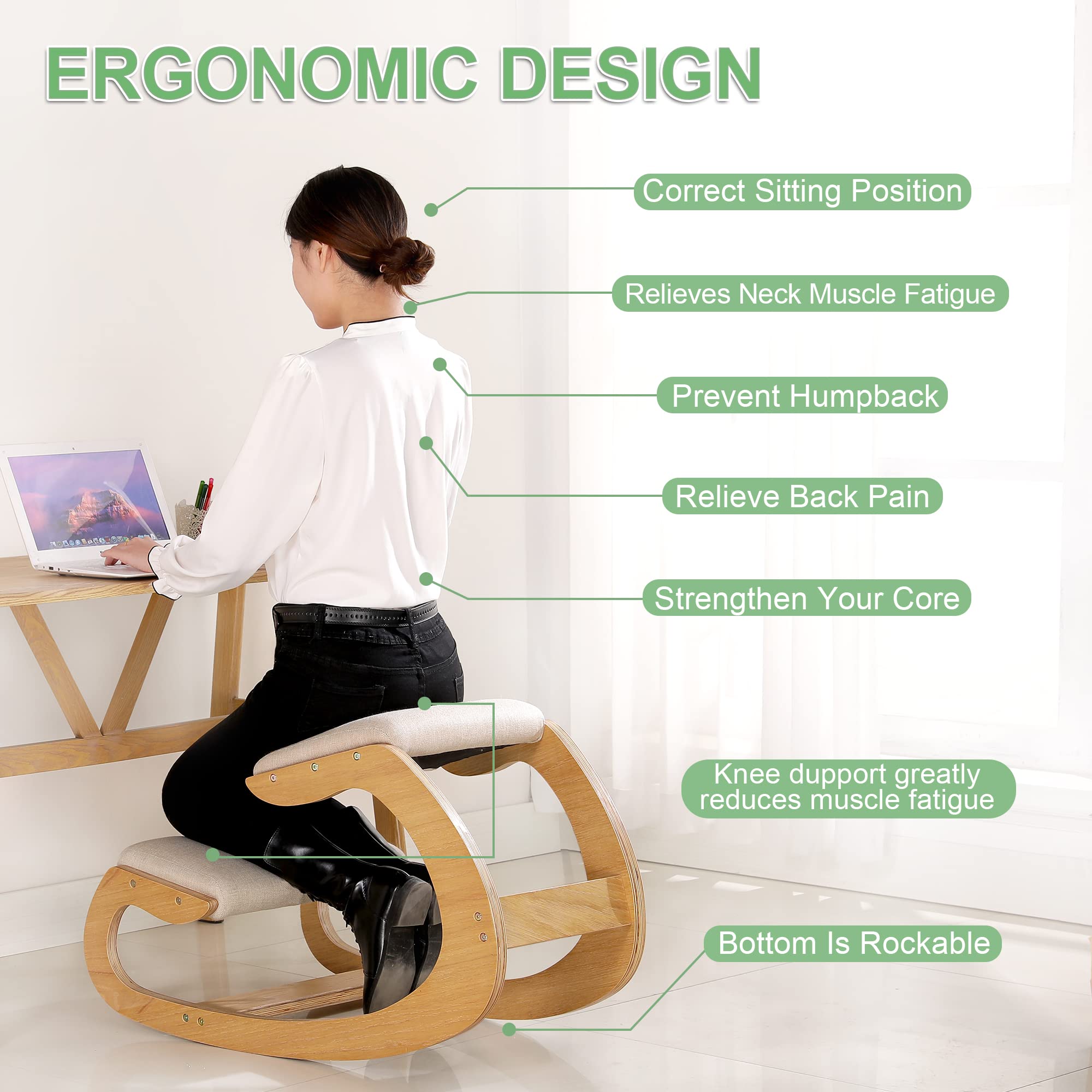 Ergonomic Kneeling Chair for Home Office - Adjustable Rocking Stool with Wooden Frame & Linen Cushion - Posture Corrector for Back & Neck Pain Relief - White Oak - Perfect for Meditation, Reading & Desk Work