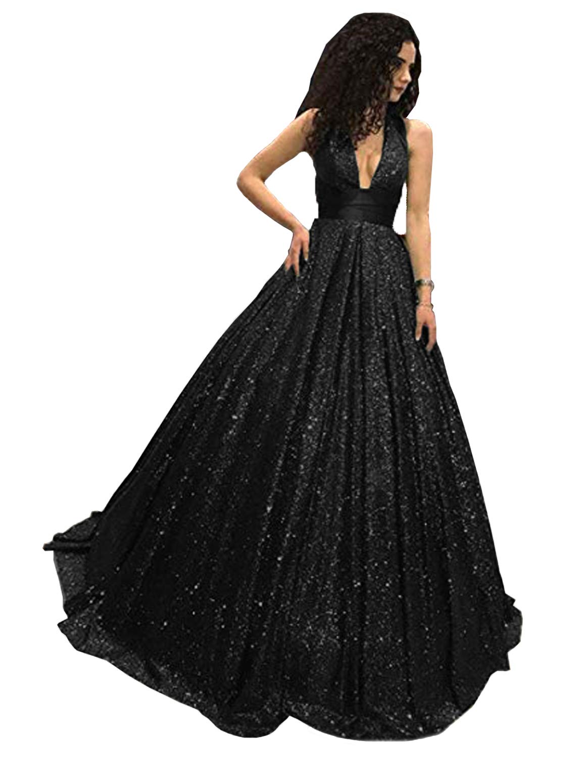 Sparkly Glitter V-Neck Evening Dress with Criss-Cross Back - Long Prom Gown for Women - Elegant Formal Gown for Parties, Weddings & Special Occasions - ME074
