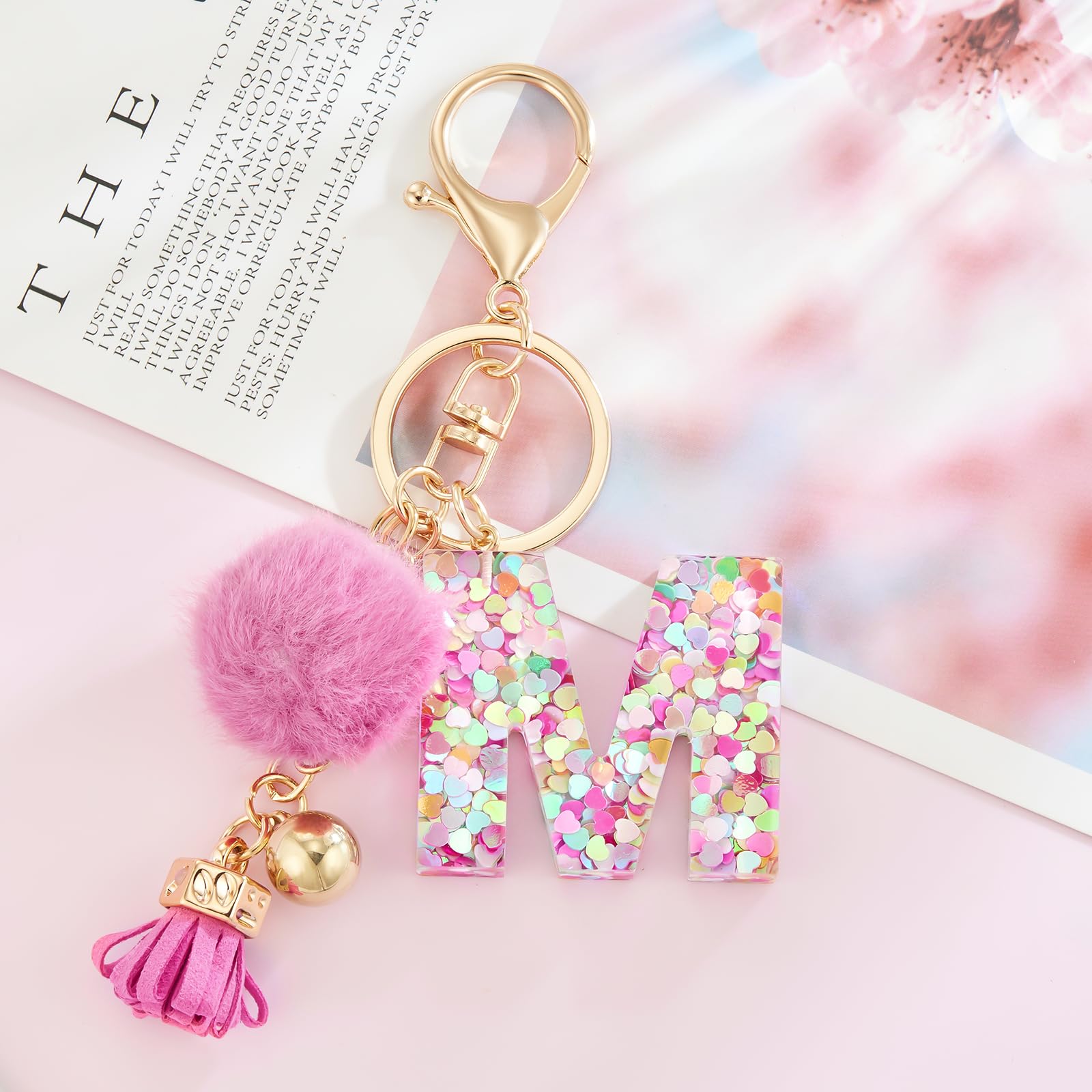 Personalized Resin Alphabet Initial Letter Keychain for Women - Custom Monogram Keyring with Soft Fur Ball Pom Pom - Perfect for Handbags, Purses, Backpacks & Gift Giving