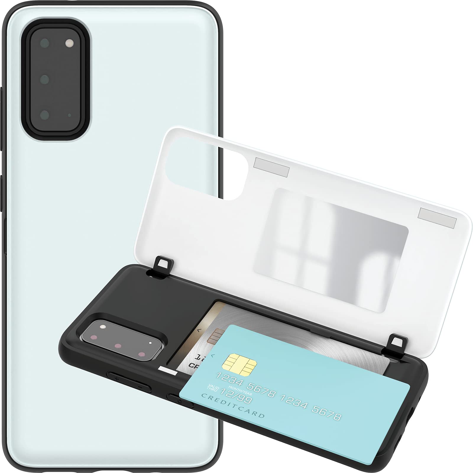 JUST4YOU Galaxy S20 Wallet Case with Card Holder & Auto Magnetic Closure - Hidden Mirror Bumper Cover (White) - Perfect for Work, Travel & Everyday Use