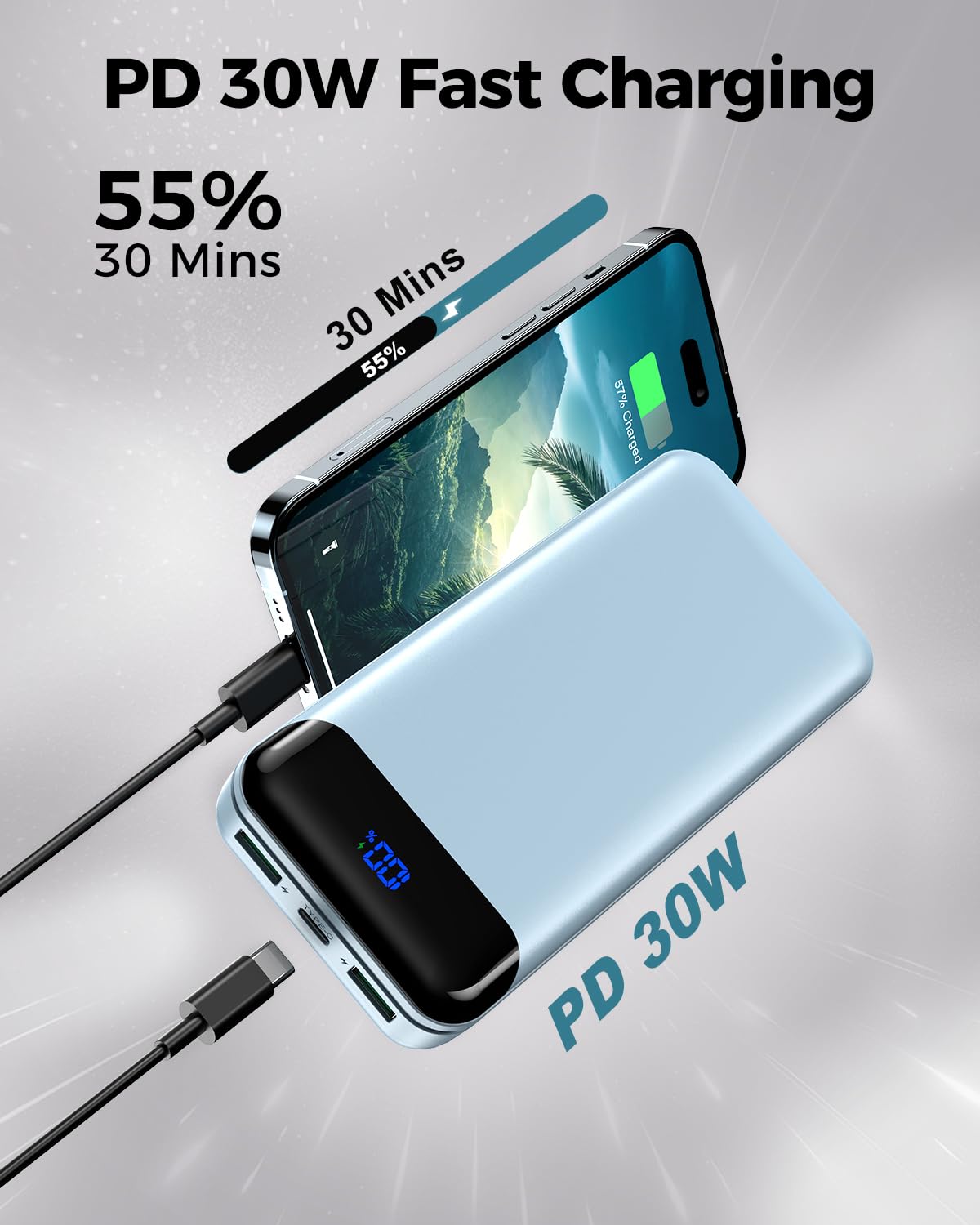 **40000mAh Portable Charger Power Bank with PD 30W & QC 4.0 Fast Charging, USB-C LED 3 Outputs & 2 Inputs, External Battery Pack for iPhone 15/14/13, Samsung, iPad - Perfect for Travel, Camping, and Emergency Power (Blue)**