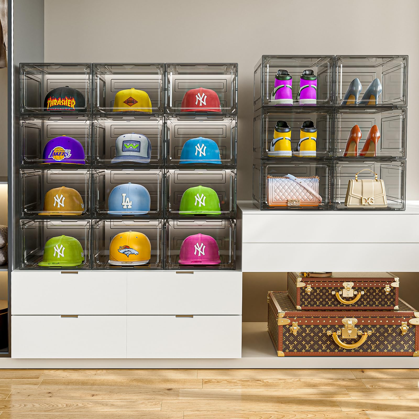 6-Pack Clear Plastic Hat Organizer Box for Baseball Caps & Snapbacks - Magnetic Door Storage Case Holds 8 Hats Each - Closet Hat Rack & Display Solution for Home, Office, or Retail Store Organization