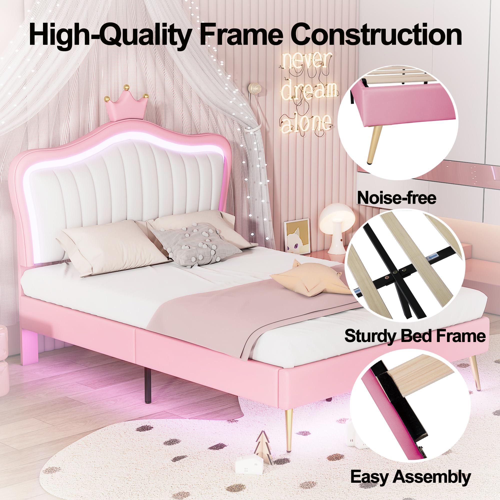 Linique Full Size Upholstered Bed Frame with LED Lights - Modern Princess Bed with Crown Headboard in White & Pink | Perfect for Girls' Bedroom, Teen Room & Luxury Bedroom Decor