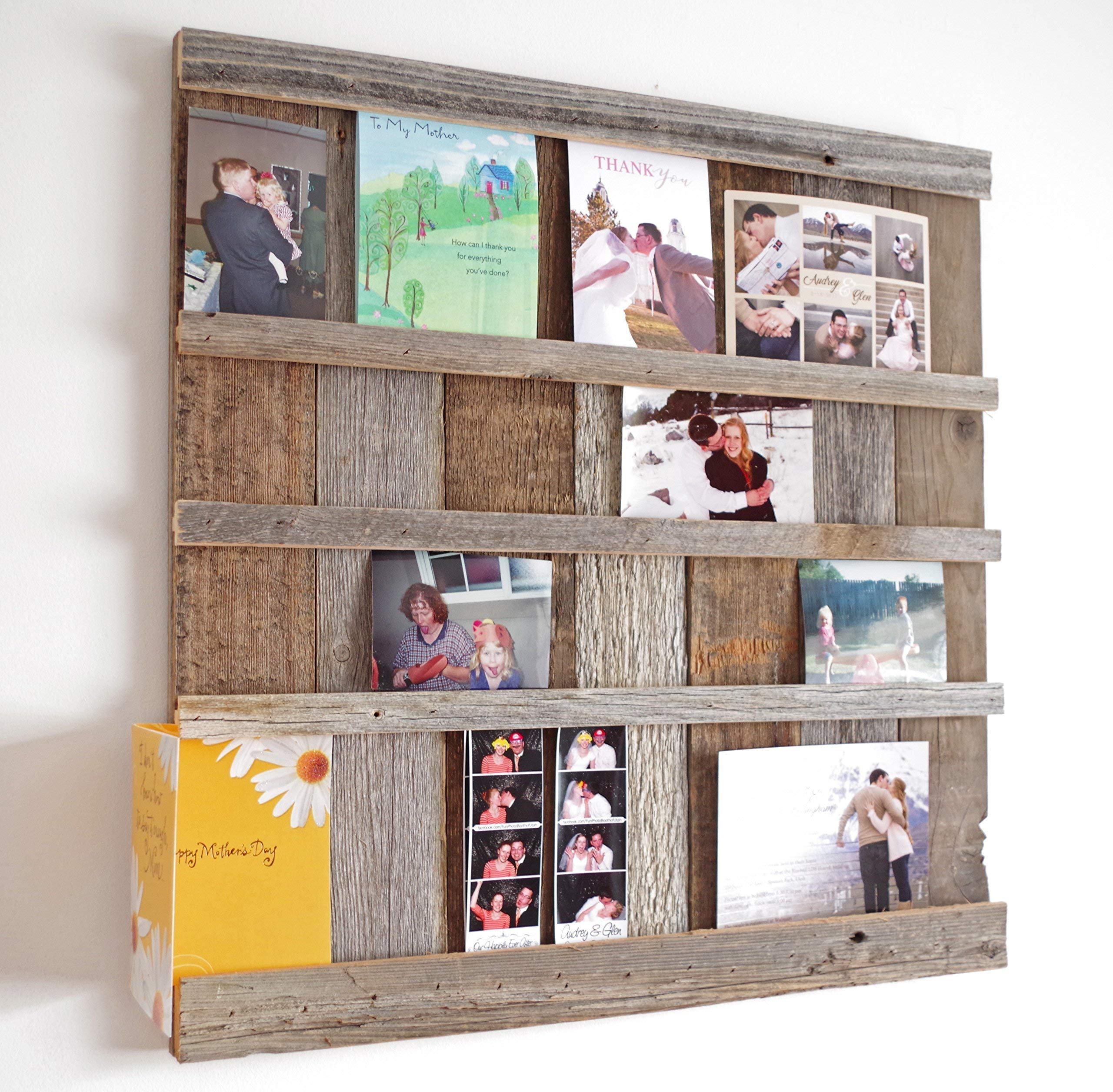 Antique Reclaimed Barn Wood 24x24 Inch Square Multi Picture Collage Display Board - Farmhouse Style Photo Holder for 4x6 Pictures, Perfect for Wall Decor, Christmas Cards, Wedding Announcements & Holiday Postcards | Rustic Home Decor, Living Room & Entryway Display