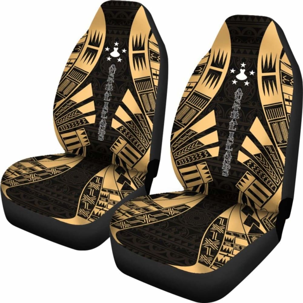 Premium Austral Islands Car Seat Covers - Polynesian Tattoo Gold Design (9-174914) | Waterproof & Durable for SUVs, Trucks & Sedans | Perfect for Travel & Outdoor Adventures