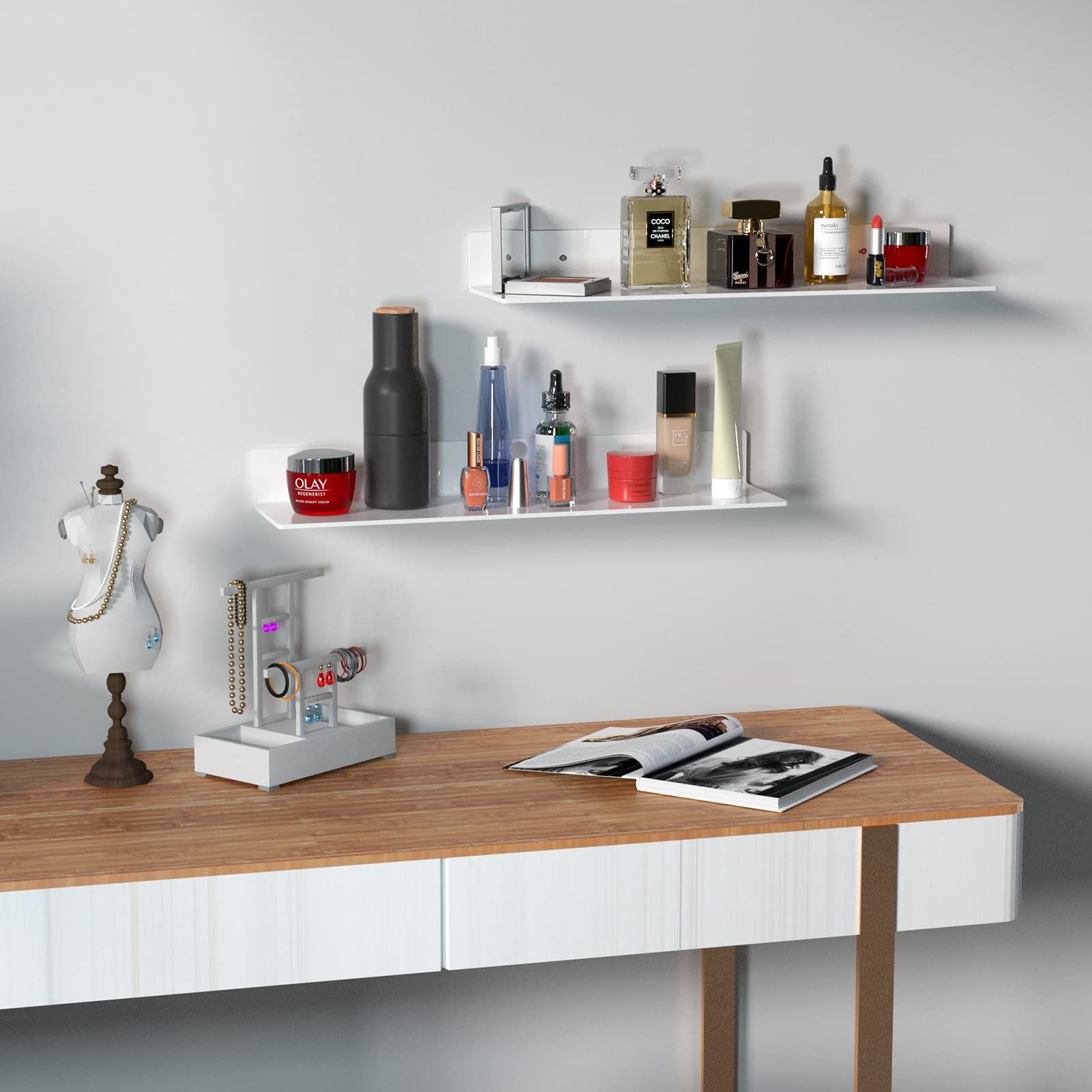 24 Inch Acrylic Floating Wall Shelves (2 Pack) - Clear White Modern Display Ledges for Funko Pop Figures, Home Decor, Living Room, Gaming Room & Plants - Perfect for Collectibles, Books & Small Decor Items
