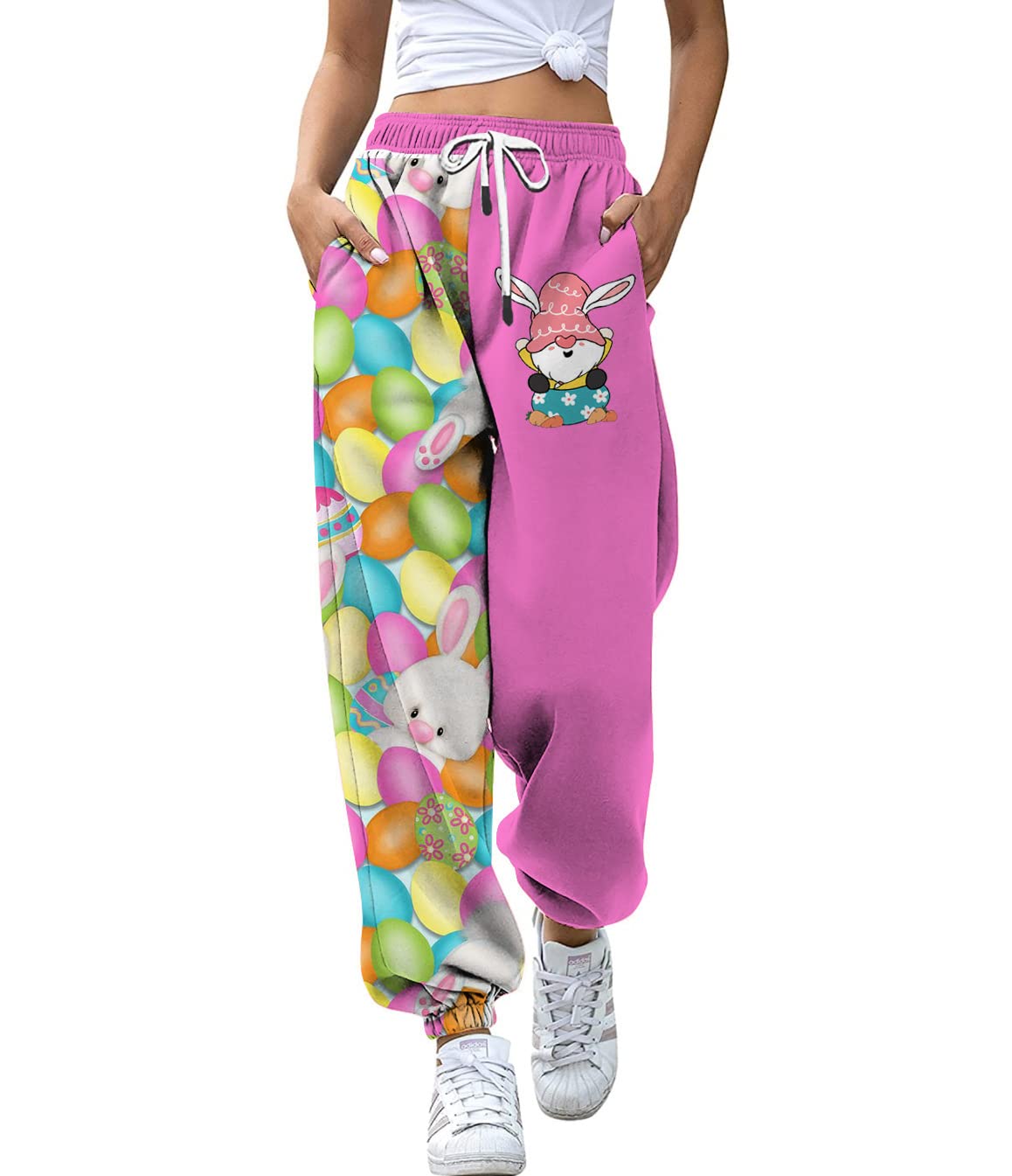 Wsevypo Women's Easter Bunny Sweatpants - Funny Graphic Lounge Pants, High Waist Baggy Casual Joggers with Pockets for Spring, Easter Party & Cozy Home Wear