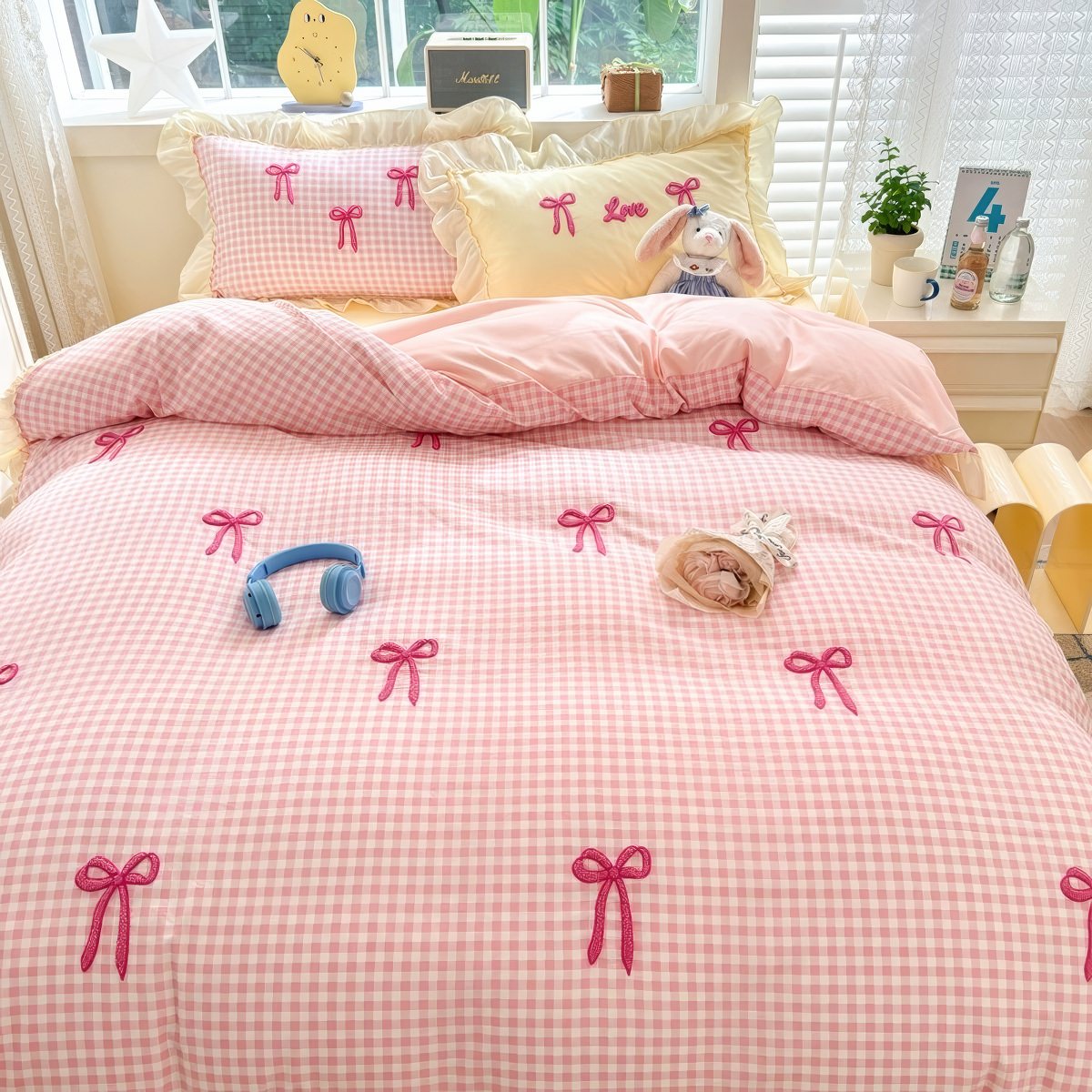 Pastel Pink Gingham Bedding Set with Bow Accents - Cute & Soft Twin/Queen/King Size for Girls Room, Nursery or Dorm Decor