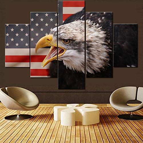 TUMOVO 5-Piece Multi Panel Canvas Wall Art - American Flag & Bald Eagle Paintings, Red White Blue Patriotic Home Decor for Living Room, Framed & Ready to Hang (60''W x 40''H) | Perfect for Wall Decor, Housewarming Gifts & Patriotic Themed Rooms