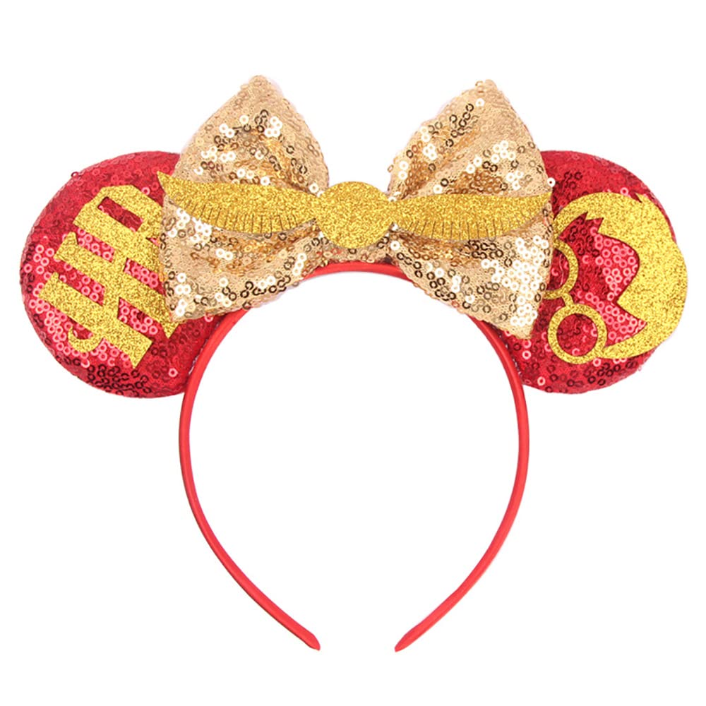 Sparkly Mouse Ears Headband with Shiny Bow - Glitter Party Princess Hairband for Girls & Women | Disney Cosplay Costume, Birthday Party Accessories, Halloween Dress Up (Red)