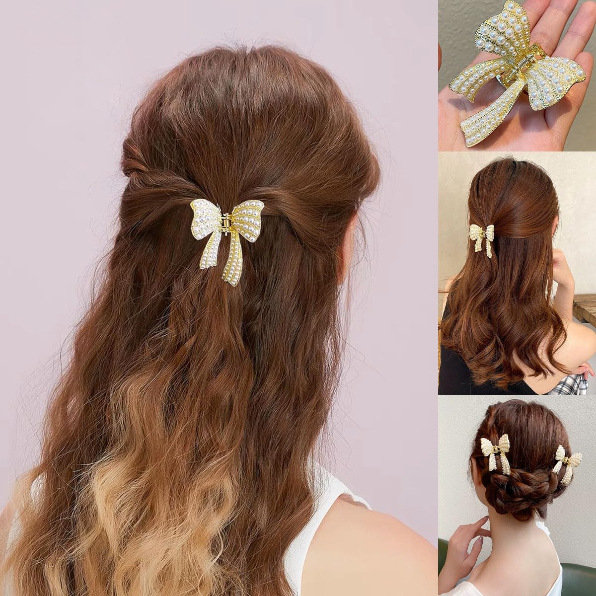 4 Pcs Bow Diamond Pearl Hair Clips for Women & Girls - Non-Slip Strong Hold Jaw Clips for Thin & Thick Hair - Elegant Hair Accessories for Weddings, Parties & Daily Wear