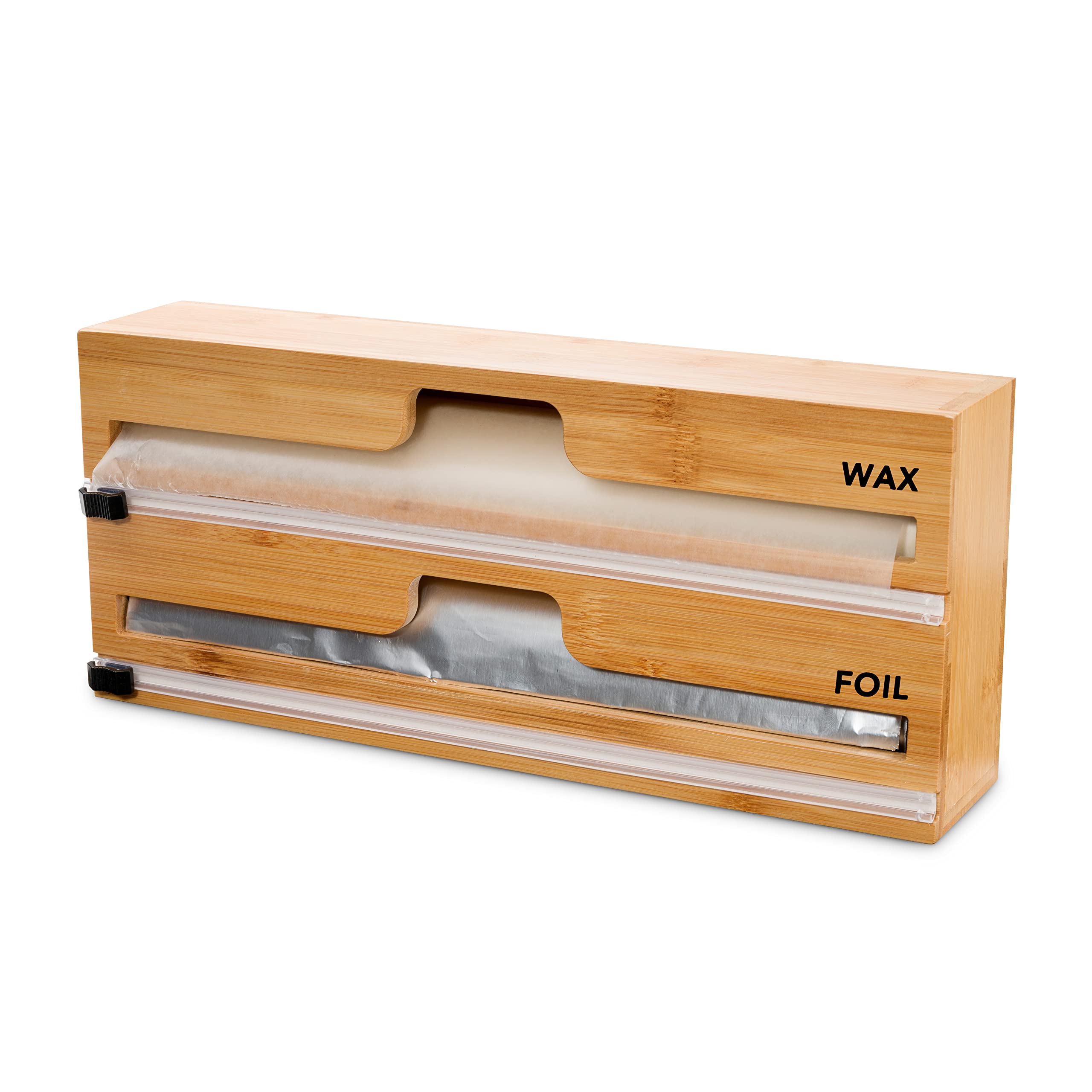 2 in 1 Bamboo Wrap Dispenser with Built-in Cutter & Labels - Kitchen Drawer Organizer for Plastic Wrap, Aluminum Foil & Wax Paper Rolls (Fits 12