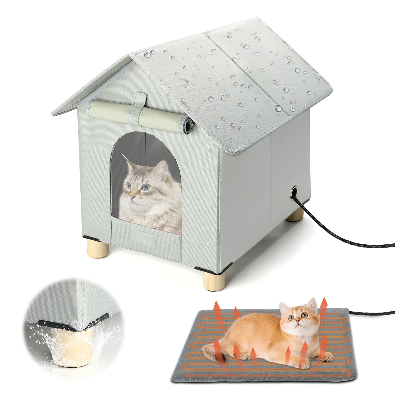 Heated Outdoor Cat House - Waterproof & Insulated Winter Shelter for Feral Cats with Escape Door | Elevated Design for Safety | Perfect for Backyard, Porch & Cold Weather Protection