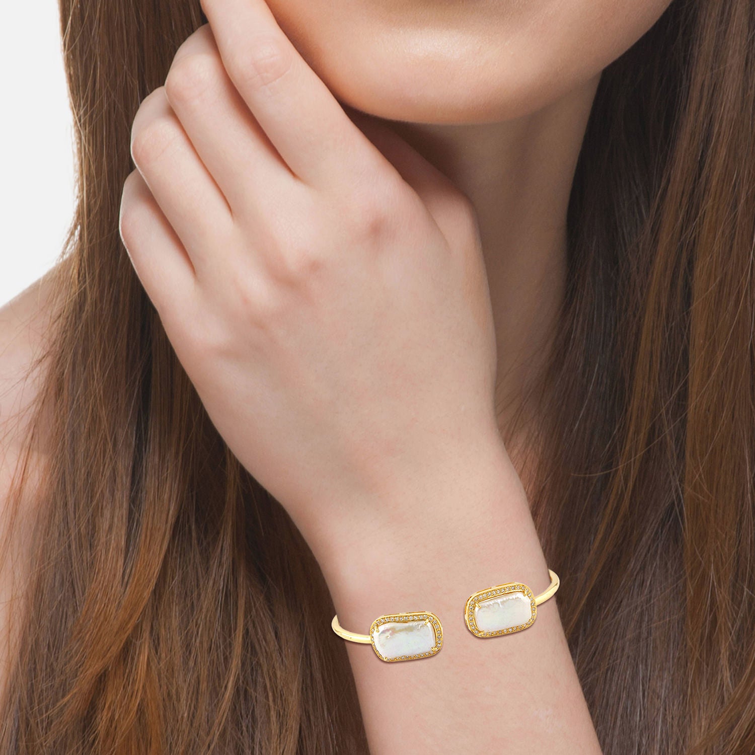 Exquisite 18K Gold Cushion Cut Pearl & Natural Diamond Designer Cuff Bracelet for Women | Elegant Jewelry Gift for Anniversary, Wedding & Special Occasions
