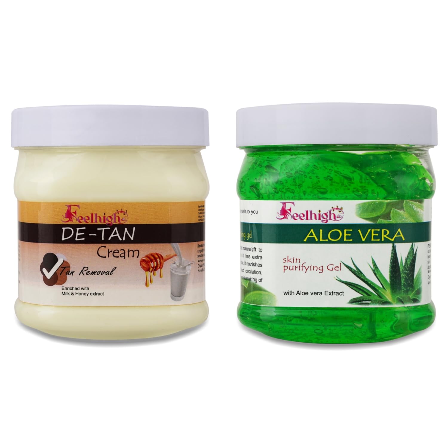 Feelhigh Face & Body Detan Cream 500g & Skin Purifying Aloe Vera Gel 500g - Brightening Tan Removal & Soothing Skincare Set for Sunburn Relief & Glowing Complexion | Perfect for Beach, Travel & Post-Sun Care