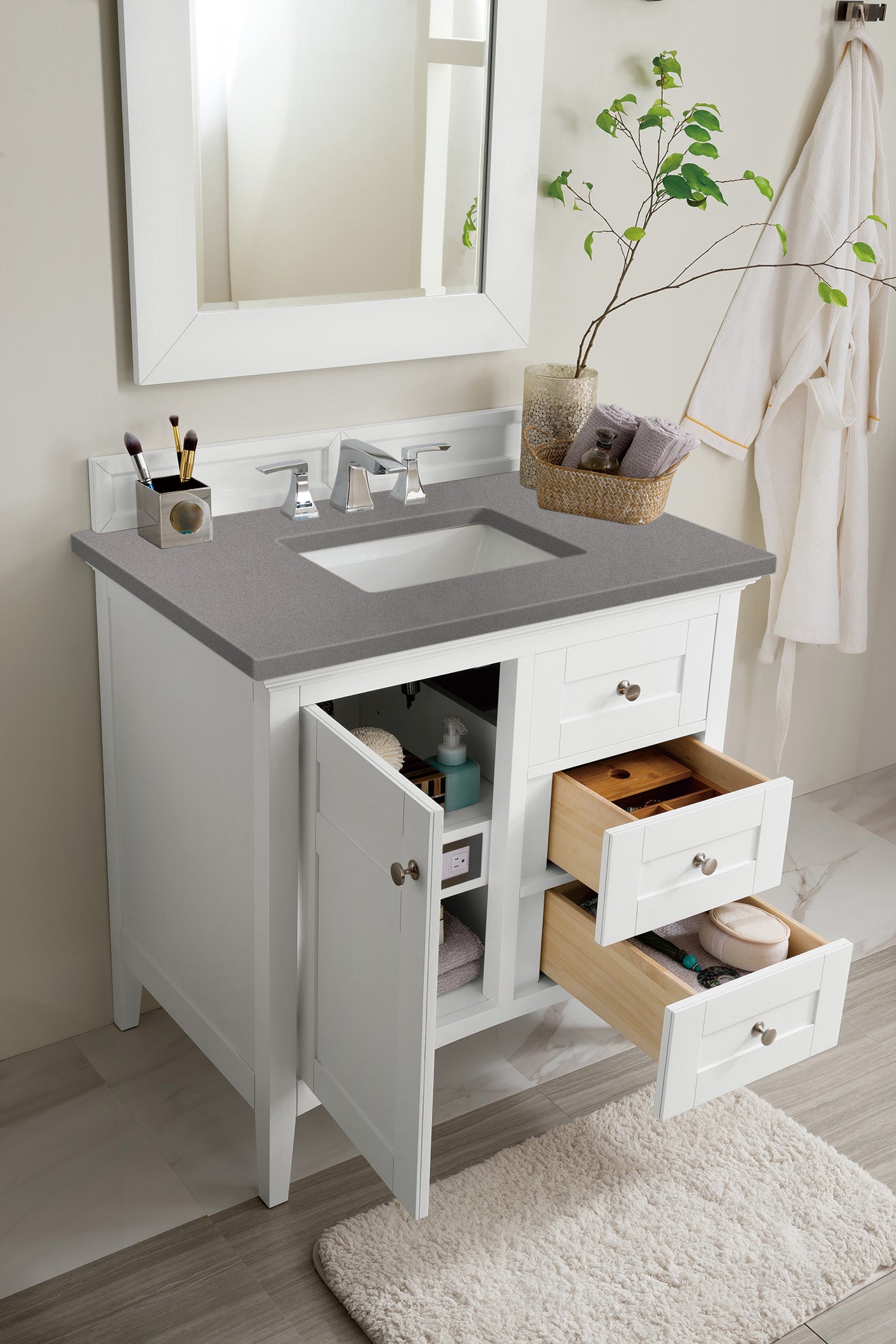 Palisades 36 Inch Single Bathroom Vanity Set with Bright White Cabinet & 3CM Gray Expo Quartz Countertop - Perfect for Modern Master Bathrooms & Guest Bath Remodels