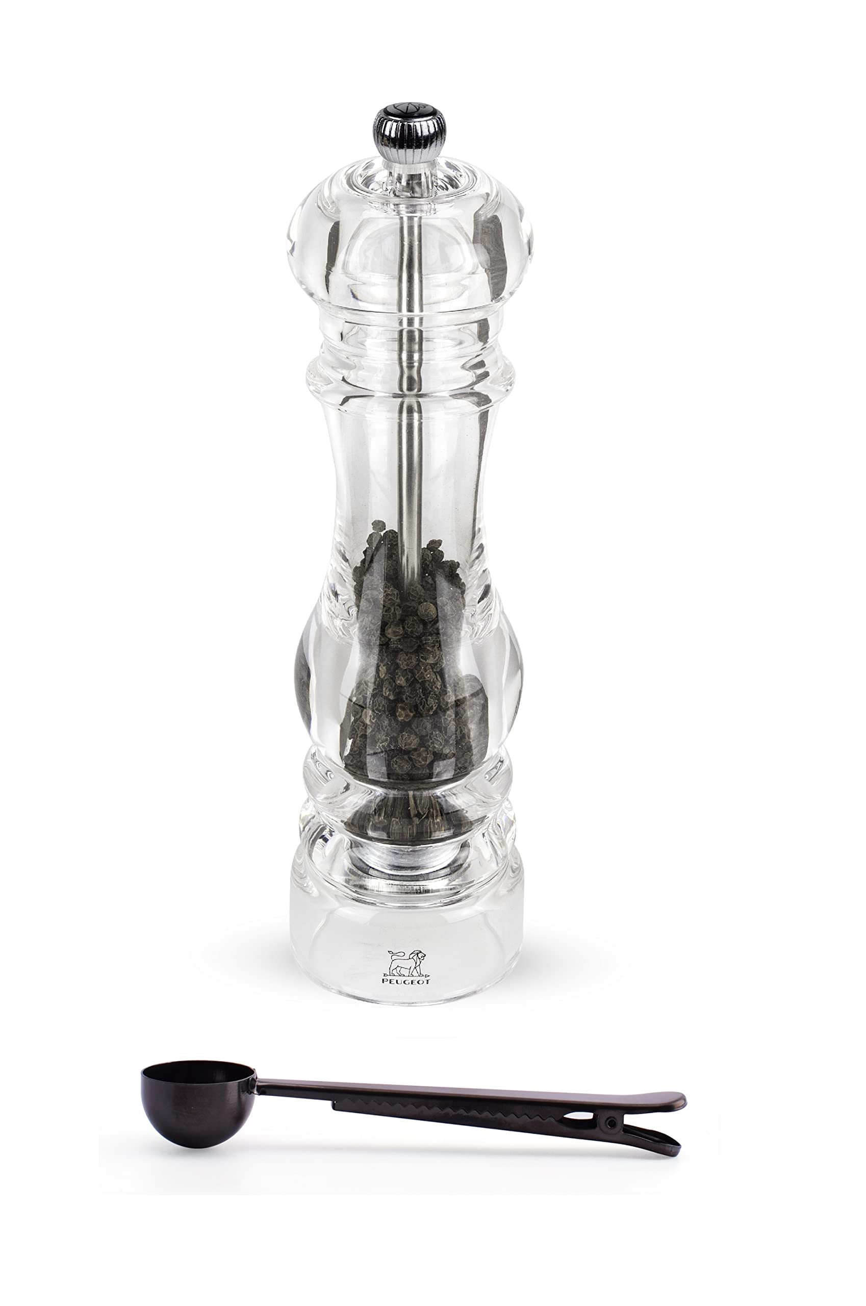 Peugeot Nancy 8.75 Inch Acrylic Pepper Mill - Adjustable Manual Salt and Pepper Grinder with Stainless Steel Scoop & Bag Clip - Transparent Spice Grinder for Kitchen, Dining Table & Gift Giving