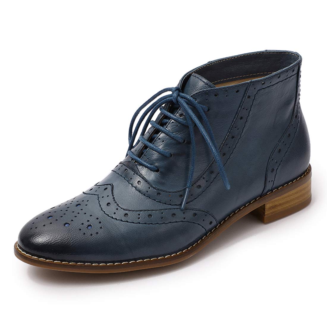 Vintage Women's Leather Wingtip Oxford Brogue Ankle Boots - Lace-Up Low Heel Short Booties for Casual Outfits & Office Wear