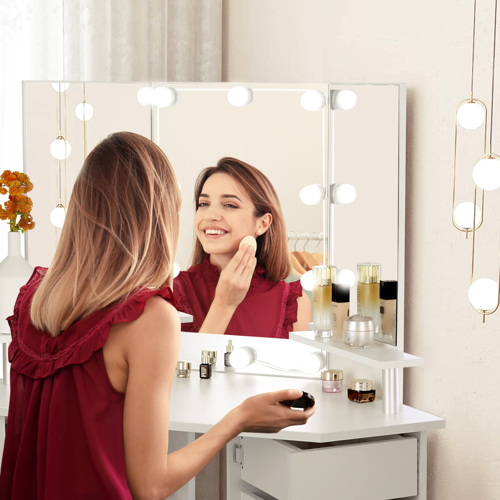VOWNER LED Vanity Mirror with Lights - Adjustable Brightness Makeup Vanity Desk with Power Outlet, 3 Color Lighting Modes, 5 Spinning Drawers & Storage Shelves, Includes Stool - Perfect for Bedroom, Dressing Room & Home Beauty Station (White)