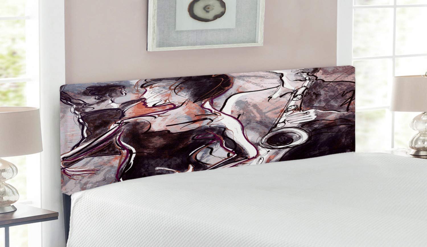 Ambesonne Jazz Saxophone Player & Dancers Upholstered Headboard - Queen Size Metal Bed Frame with Memory Foam - Pink Black White Music Theme Decor for Bedroom, Jazz Lover Gift, Home Theater Setup
