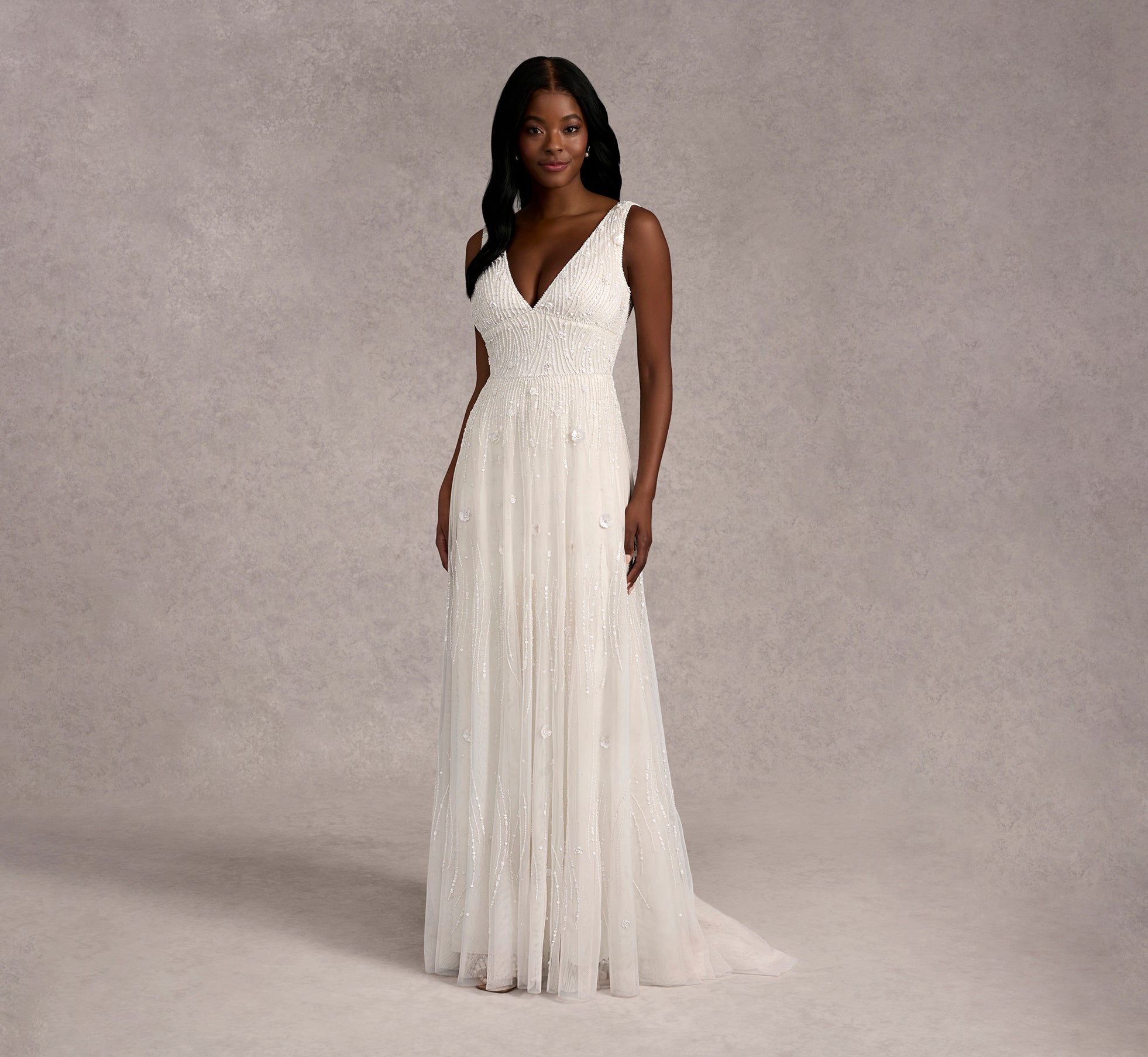 Ivory Beaded Mesh Double Waist Soft A-Line Gown - Elegant Wedding Dress for Brides, Prom & Formal Events