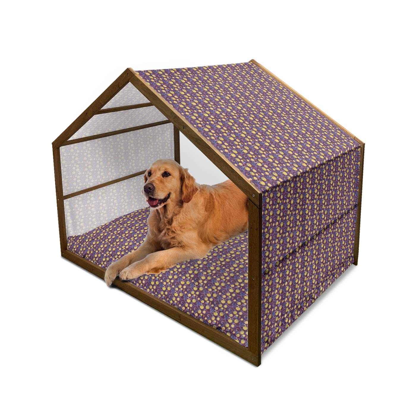 Ambesonne Art Nouveau Style Wooden Dog House with Vibrant Artichoke Design - Indoor & Outdoor Portable Pet Kennel with Pillow & Cover - 2X-Large Dark Blue & Yellow - Perfect for Backyard, Patio, or Home Decor