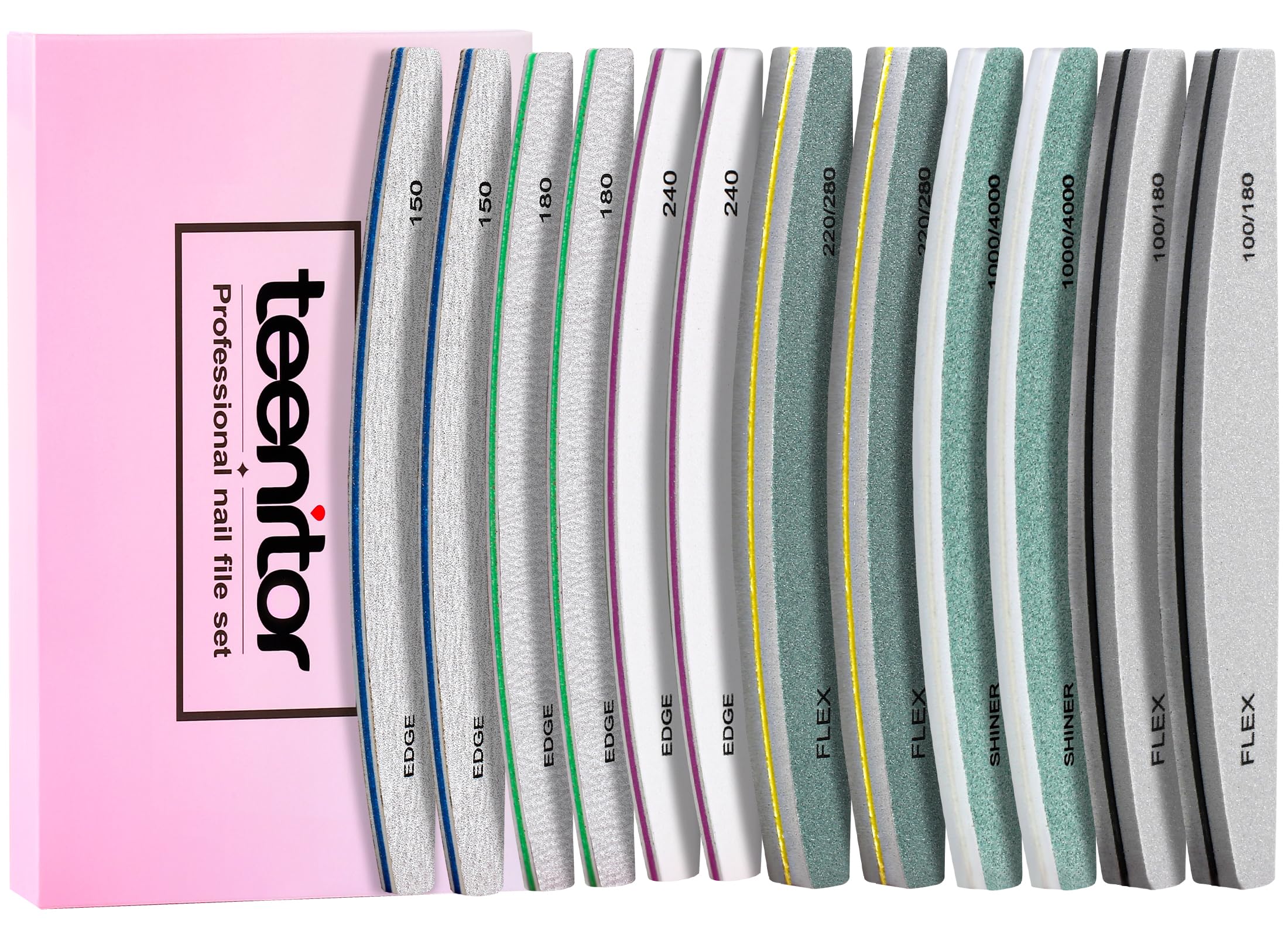 Teenitor Professional Nail File and Buffer Set - 2 Pack 100/180 Grit Emery Boards for Natural & Acrylic Nails - Manicure Pedicure Kit with Nail Buffer Block & Shining Tools - Perfect for Home Salon, Travel & DIY Nail Care