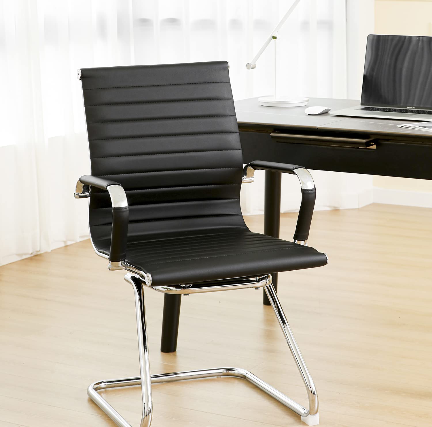 Premium Leather Office Guest Chair - Ergonomic Conference Room Chair with Padded Armrest & Anti-Slip Sled Base - Ideal for Reception, Waiting Areas & Home Office Workspace