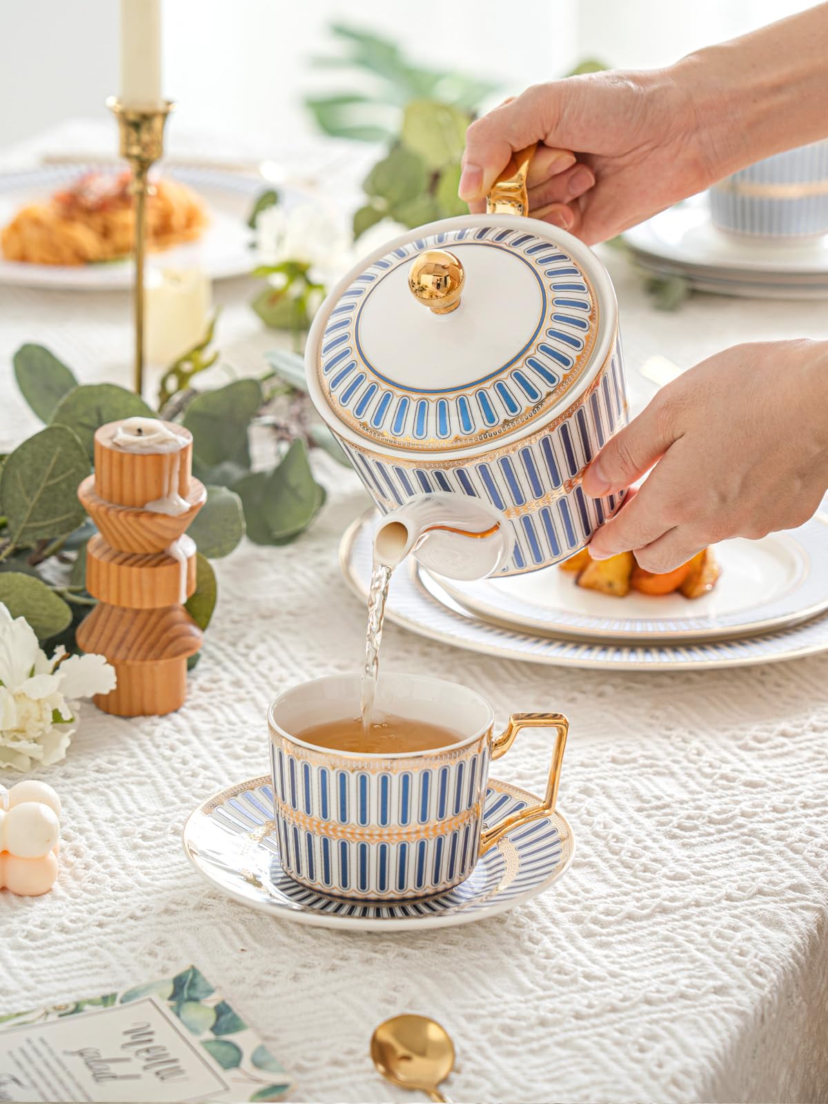 15-Piece Bone China Tea Set - Elegant Porcelain Tea Cups & Saucers for 4, Includes Teapot, Sugar Bowl, Cream Pitcher & Spoon - Perfect for Afternoon Tea Parties, Bridal Showers & Housewarming Gifts (Gift Box Included)